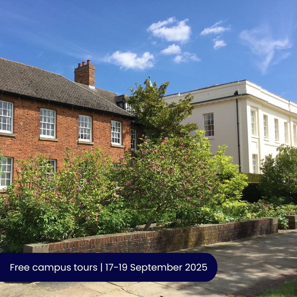 External view of the rear of Walton Hall in Milton Keynes. Text reads: 'Free campus tours | 17-19 September 2025'.
