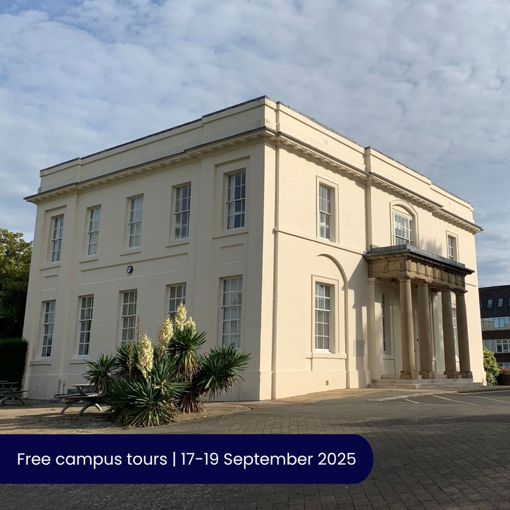 Cream-coloured historic building with tall windows and a columned entrance under a partly cloudy sky. Text reads: 'Free campus tours | 17-19 September 2025'.