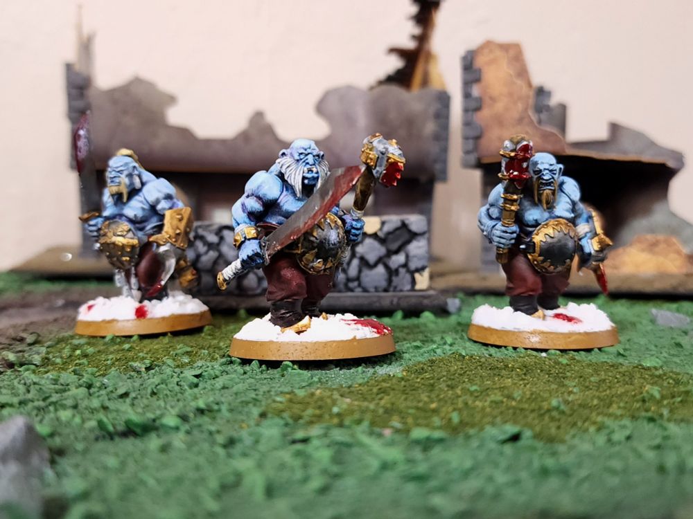 Ogor Mawtribes from Age of Sigmar, painted like blue-skinned Jotun with red pants