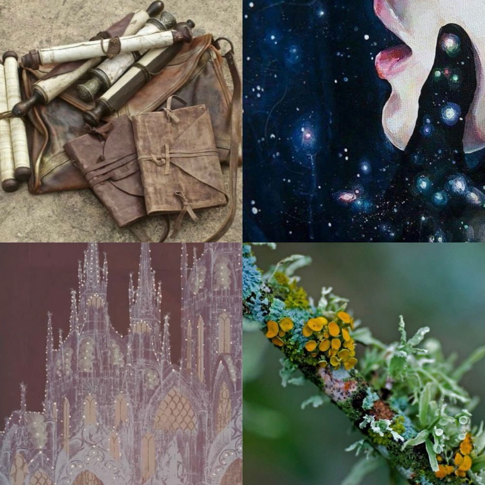 A collage of four images, starting from top left and moving clockwise: a collection of scrolls and leather bound journals, a painting of a person tenderly kissing the night sky by Eva Gamayun, colorful moss and fungi on a tree branch, and an illustration of a dark shining castle.