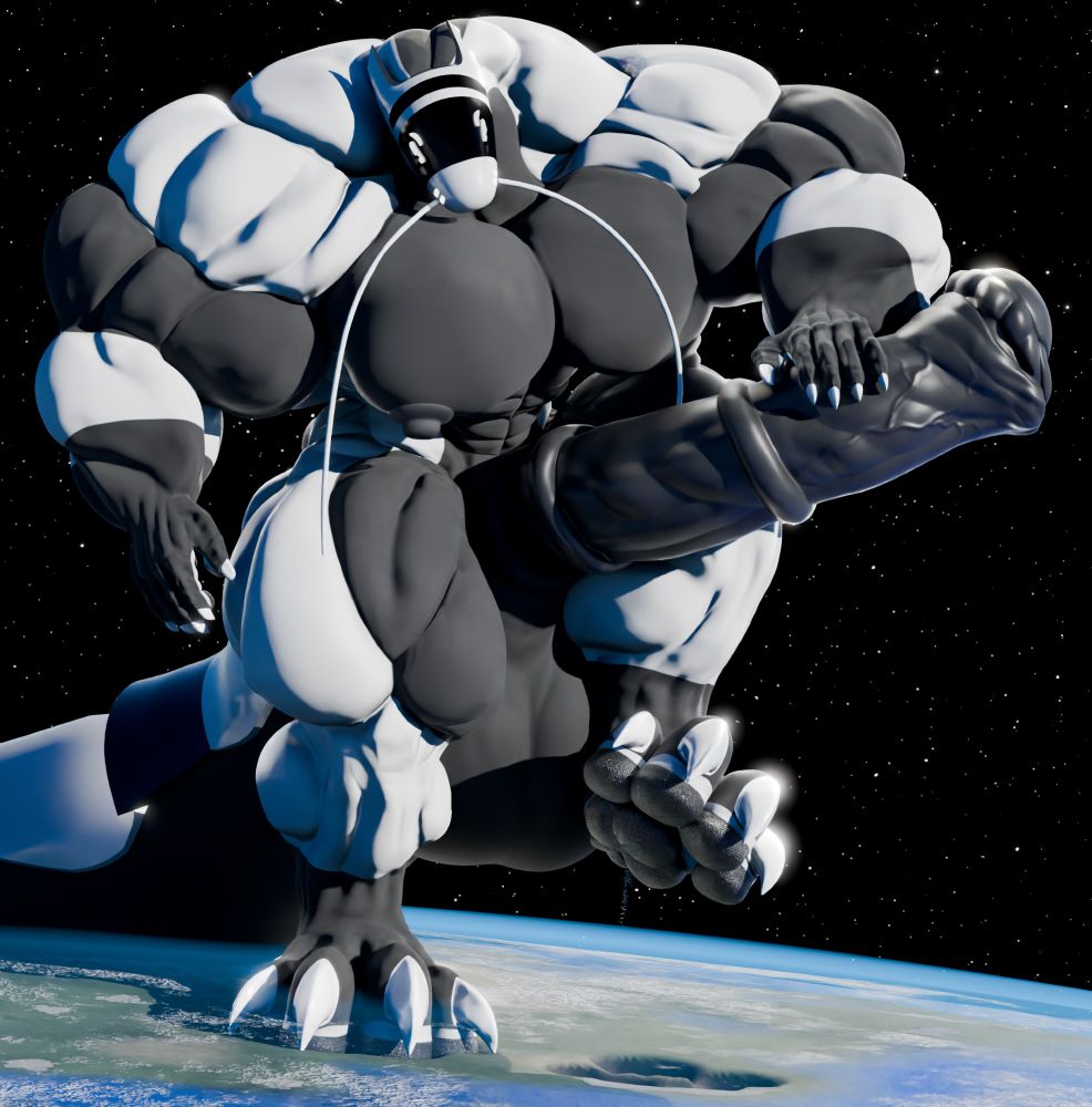 giant planet sized synth looks at his paw after stepping on a city, debris falling off of it