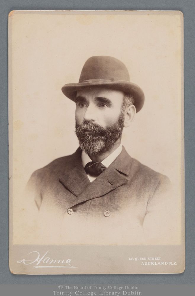 Studio portrait photograph of Michael Davitt in a bowler hat. Photographed by [John Robert] Hanna, 134 Queen Street, Auckland, New Zealand. Written on the verso: ‘Robert Davitt', and: '1895’.