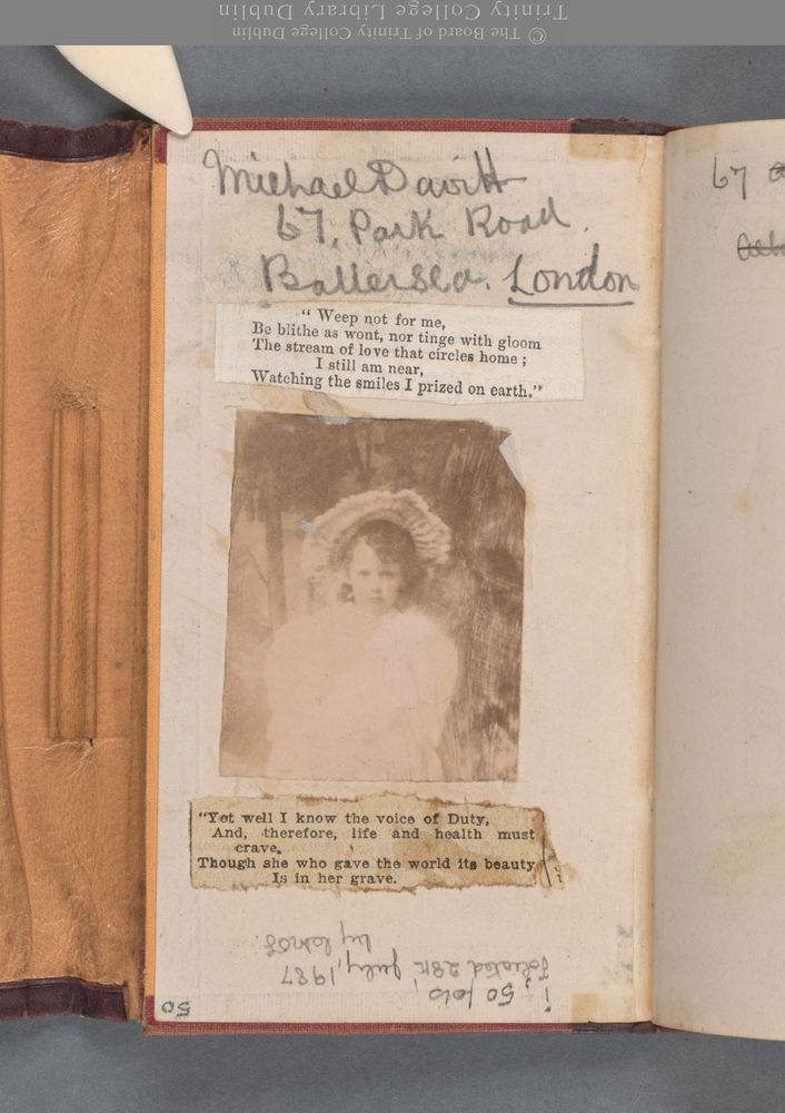 Photograph of a page from Michael Davitt's Diary containing a photograph of his daughter Kathleen