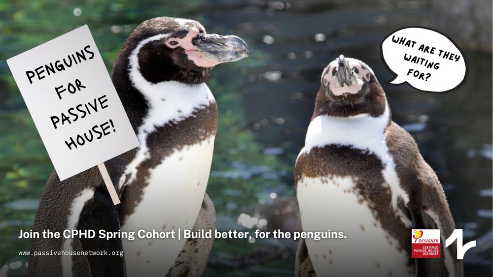 Two penguins discuss why more people aren't building with Passive House. One holds a protest sign that says "Penguins for Passive House!" while the other has a speech bubble that says "What are they waiting for?" 

Text at the bottom reads "Join the CPHD Spring Cohort. Build better, for the penguins."