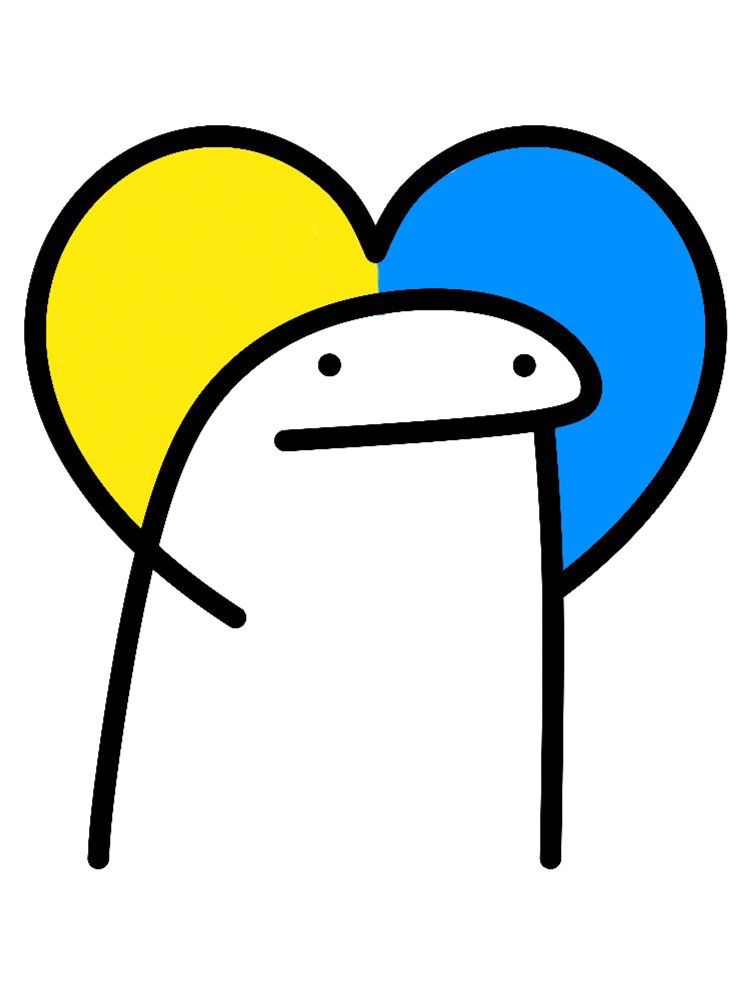 Flork makes heart with hands above its head. Colored in blue and yellow.