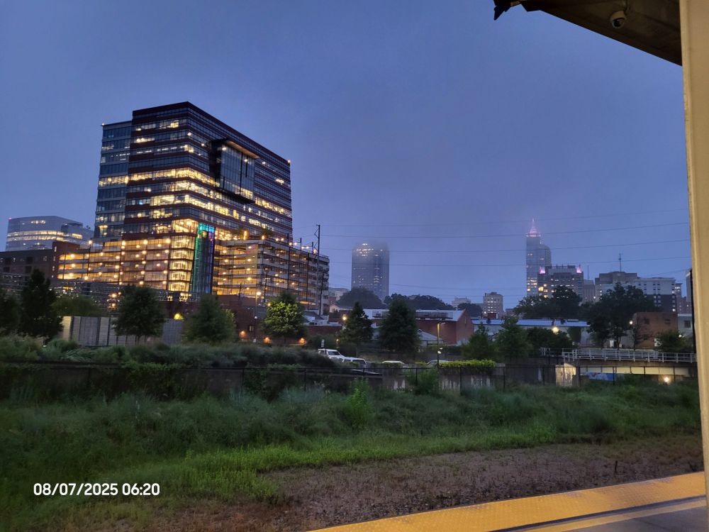 A foggy slice of Raleigh's beautiful skyline viewed from the platform at Union Station