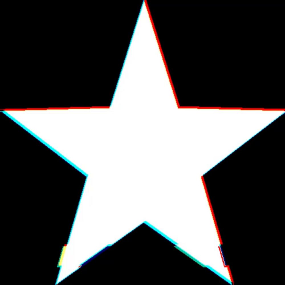 a white star with a black background and rainbow stripes