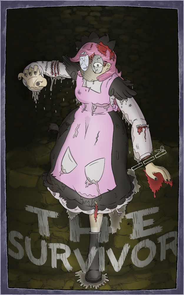 Panda is stepping out of a well, clearly soaked to the bone and sustaining multiple bleeding injuries. Her glasses are cracked, and her face is cast in shadow where only one determined eye is shown. A stylistic scissors pattern is between her arm and her decapitated hand. Written on the well, and partially over Panda's leg, is "THE SURVIVOR"