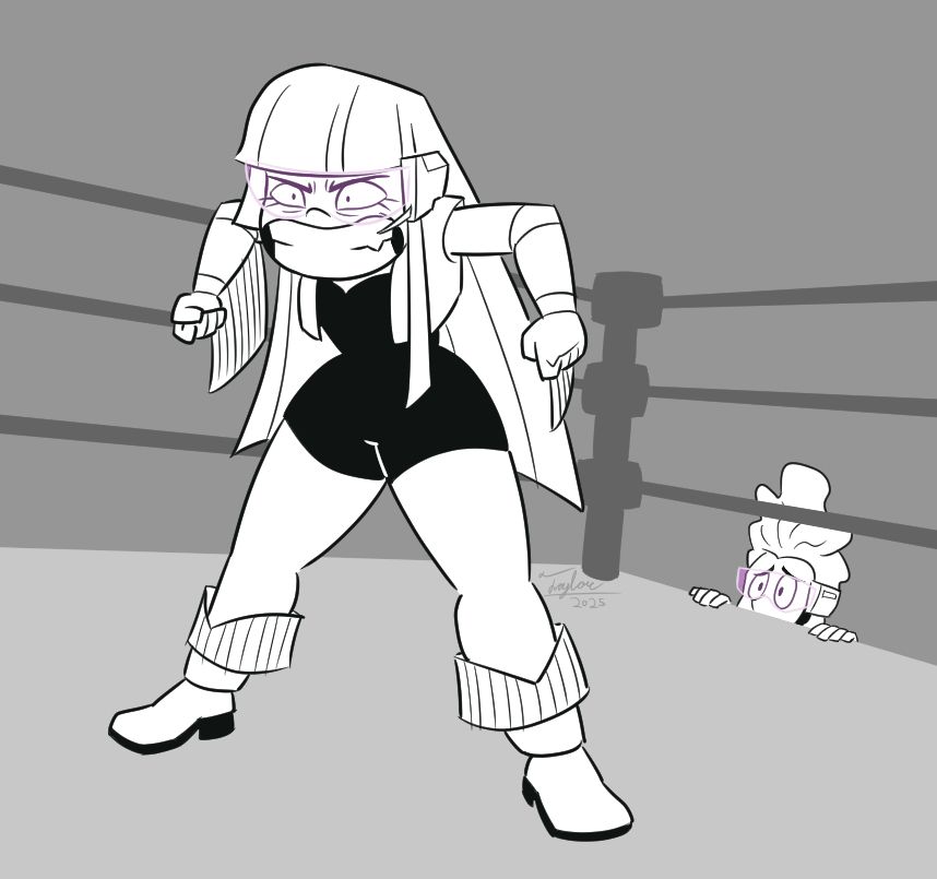 Miko Kubota from Glitch Techs, dressed similarly to Tina Armstrong from Dead or Alive, standing in the corner of a wrestling ring and looking ready to throw down. High Five is peeking up from the side of the ring, scared by the crazed vibe Miko's giving.