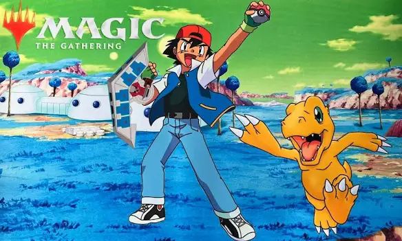 A playmat that says magic the gathering but the background is Namek from Dragonball Z, has Ash from Pokemon with a dual disk from Yu gi oh, and has Augmon from Digimon on it