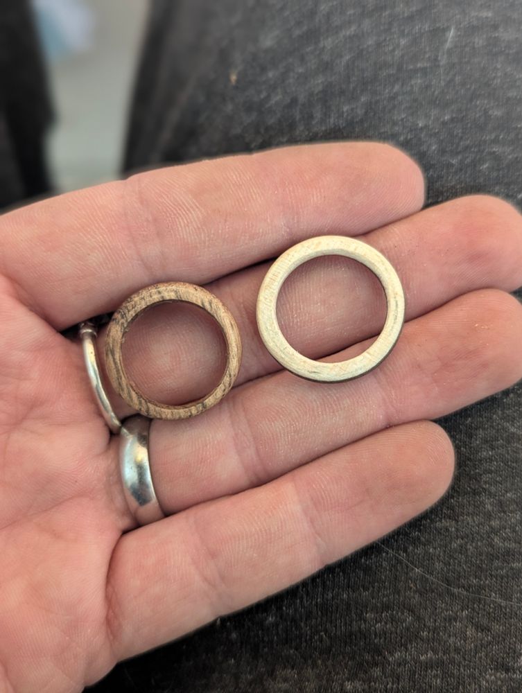 Les mêmes bagues, de côté. Le côté blanc de la seconde bague fait face à l'objectif.