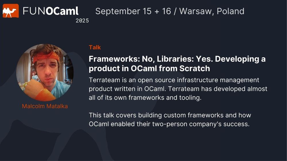 "Frameworks: No, Libraries: Yes. Developing a product in OCaml from Scratch" explores how @terrateamio built their infrastructure management platform by creating custom frameworks instead of relying on existing ones.

Learn how OCaml enabled a two-person company to build almost all their own tooling and achieve success! 🚀
