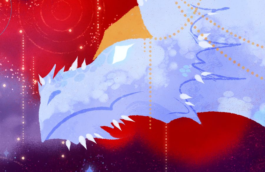 wip of an illustration from my story les contes du nécromant feat a big dragon with jewelry and my oc hesmeline (not pictured yet lol)