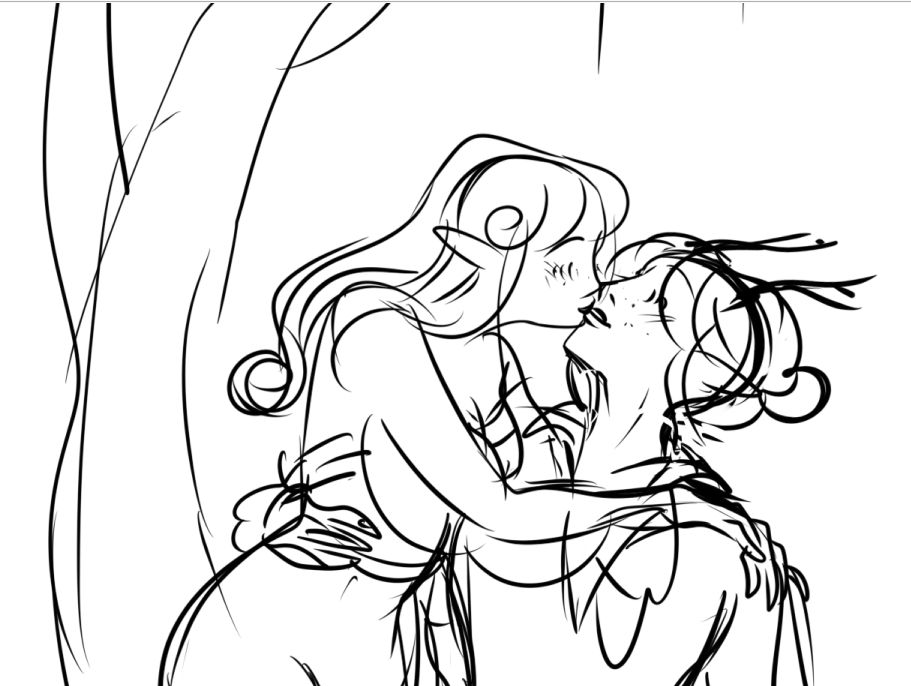 doodle of an illustration of my oc hesmeline and a friend oc valas kissing under a tree