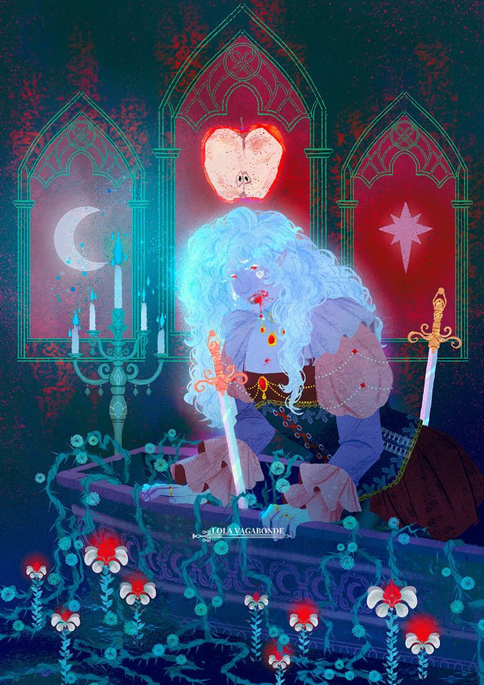 illustration of my oc tristan ( transmasc half-elf vampire ) from my original story les contes du nécromant.

he's crouching in a coffin with two swords, one in front of him, and the other behind him. He's crying an dthere is blood around his mouth. Vines and thorns are sprouting from the coffin. There are white flowers with a deep red center growing around the coffin. behind him, there is a candelabre, and three red panels looking like gothic windows : the left one has a moon at its center, the middle one an a red apple cut in half, and the right one a star.

tags line:
#ocs #ocsky #illustration #ocart #art #fantasy #fantasyart #fantasyillustration #originalart  #vampire
