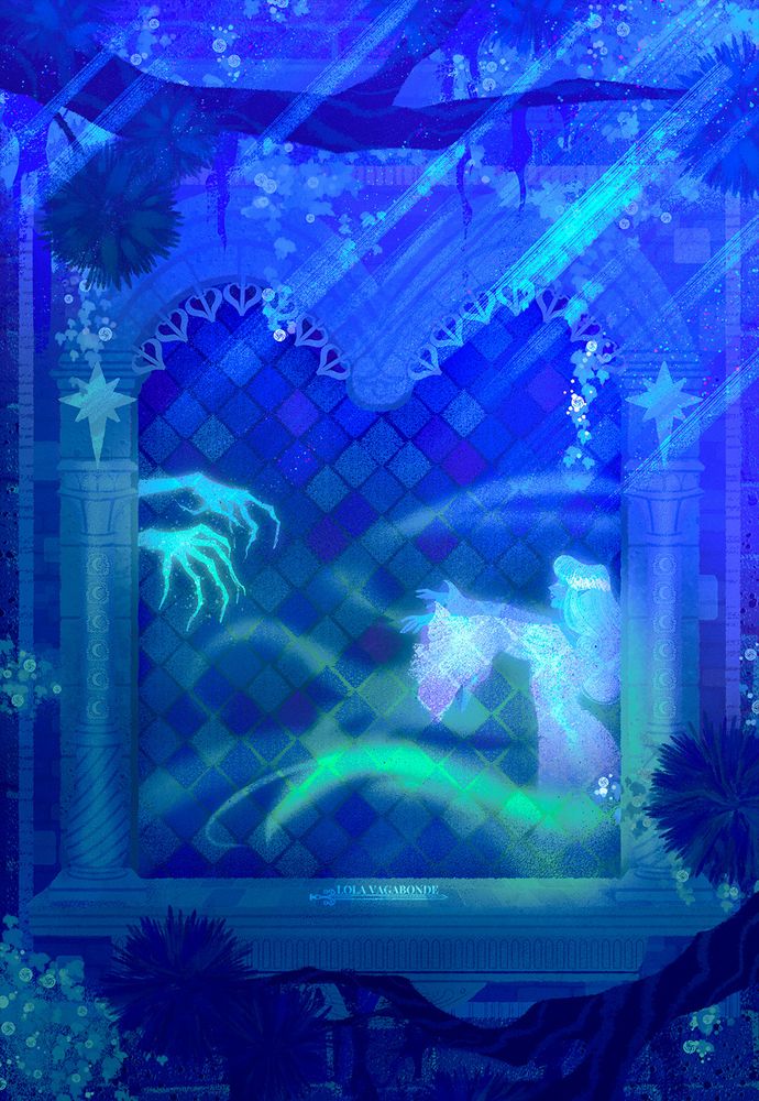 illustration of my oc hesmeline from my personal project les contes du nécromant. 

Behind a window with stained glass, hesmeline, wearing a flowy white gown, is being spirited away by creepy long pale green hands. Or is she the one seducing into the dead of the night the spirirt ??? Green wisps come off from behind her.