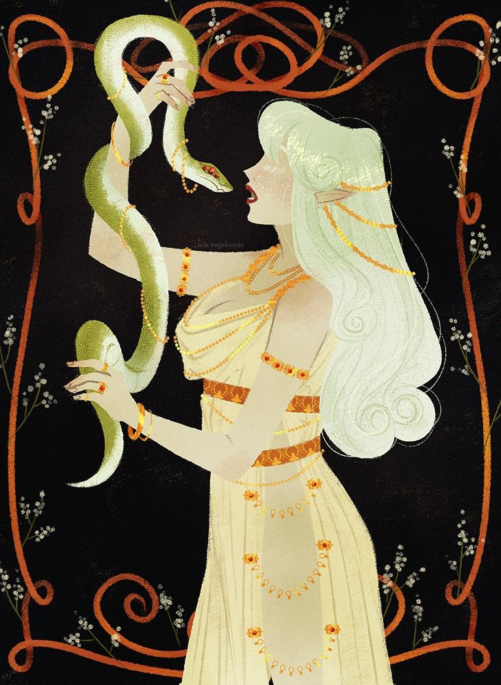 illustration from 2022 of my oc hesmeline from my original story les contes du nécromant

Hesmeline is an elf with white hair white eyes and white fteckles. She has blue skin but it appears a light grey in this drawing. She's wearing a white draped dress, and shes holding a green snake with three rubies as its eyes. Her mouth is open and it appears as she's abt to devour the snake.

Tags line:
#oc #ocsky#ocart #illustration #art #fantasy #originalart #orginalcharacter #originalstory #fantasyart #fantasyillustration