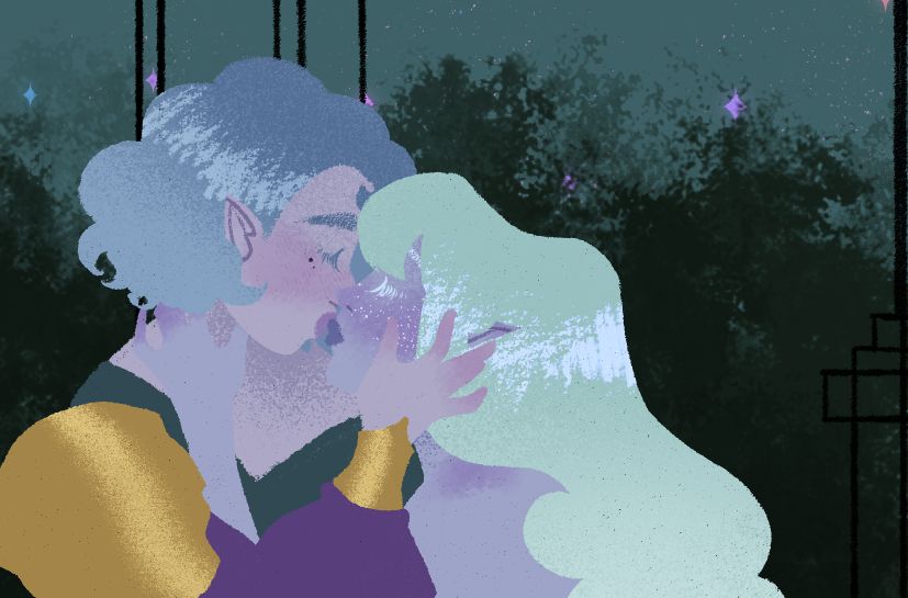 wip of my oc gigi and hesmeline kissing mwah mwah
