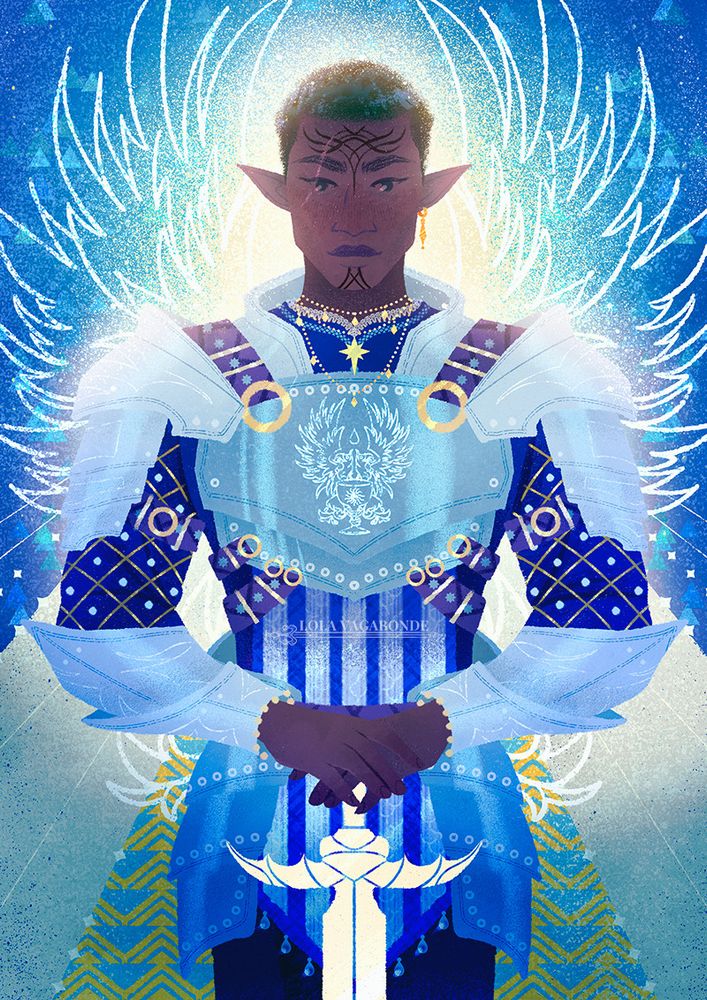 illustration of davrin from dragon age. He's wearing the grey warden armor and wields a white sword. He's in front of the grey wardens crest, the griffin wings spraying out from behind him. 