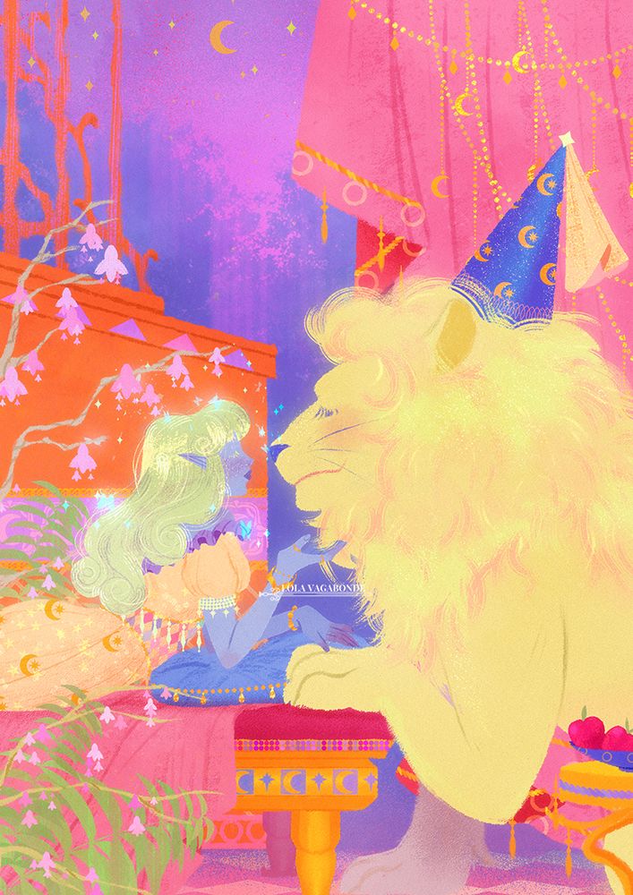 illustration of my oc Hesmeline, from my original story les contes du nécromant.

She's laying on her stomach, on a fancy chaise longue, in a room of her castle. In front of her a big white lion rests his big paw next to her. He's wearing a silly fancy little conic hat hehe. It seems like she's scratching his goatee. She's making a kissing face at him.

tags line :
#oc #ocsky #illustration #art  #fantasy #whimsical #whimsicalart #fairytales #fairytalesart #fantasyart #fantasyillustration #vampire #originalart