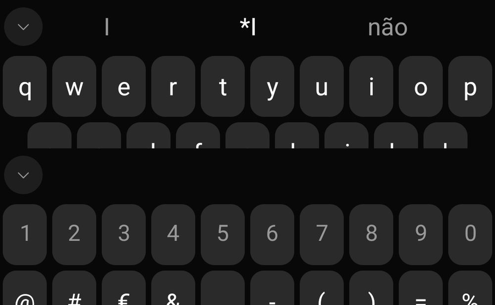 Combined screenshot showing two views of a mobile keyboard in dark mode: the top half displays the default letter layout (QWERTY top row visible), and the bottom half shows the special characters' layout (number top row visible). The keys in both rows occupy the same positions — for example, the '1' key aligns exactly where 'Q' is — illustrating how typing in the wrong layout can produce an unintended output (e.g., typing '1920' yields 'QOWP').