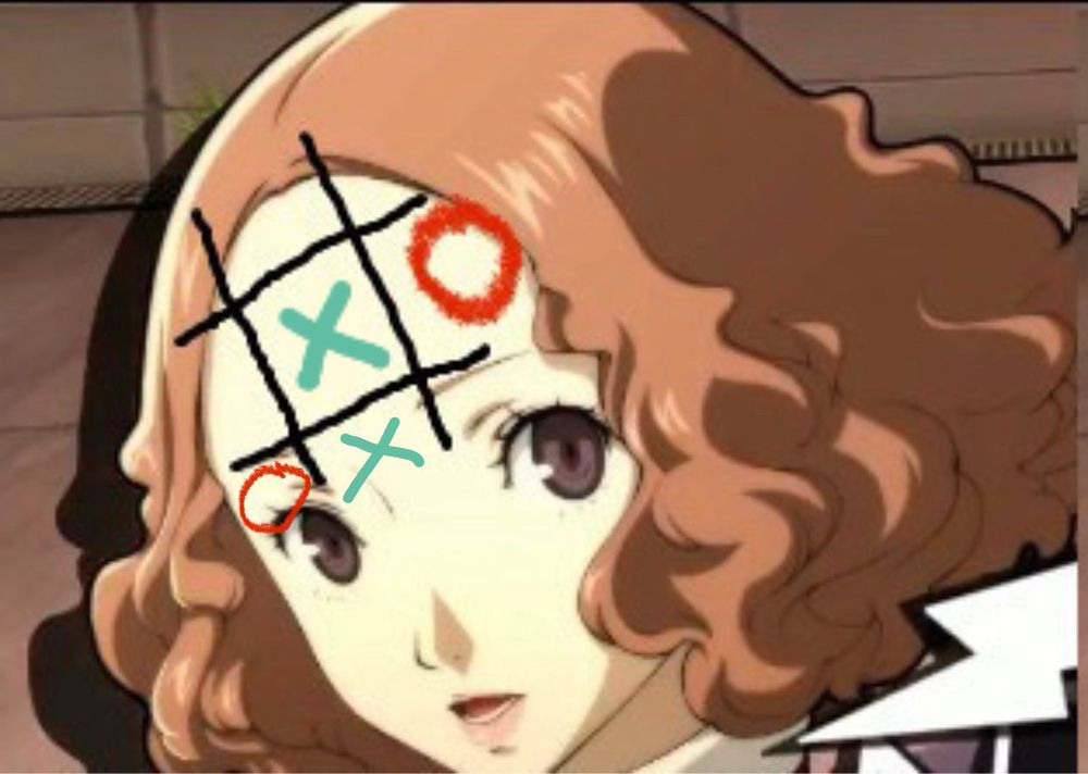 sprite of haru okumura- playing tic tac toe on her forehead. 