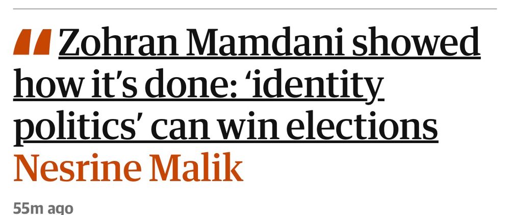A headline reads "Zohran Mamdani showed how it's done: identity politics can win elections"