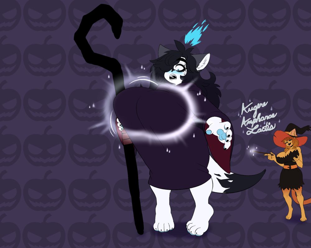 Cat witch casting a milky spell on another witch, increasing their boob size