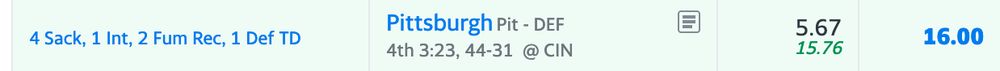 The current fantasy scoreline for the Steelers defense, showing 4 sacks, 1 interception, 2 fumble recoveries, and one defensive touchdown for 16 fantasy points.
