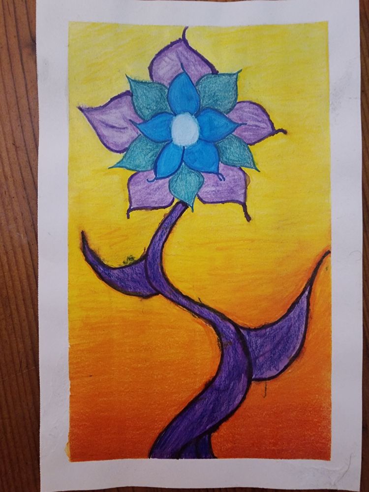 A blue flower with purple foliage in front of an orange/yellow sky. 5.5.5x8.5in colored pencil and ink. 