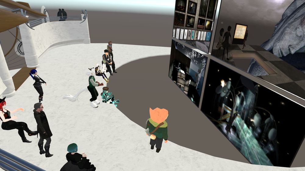 a group of people in a virtual classroom, all different types of avatars (shapes/beings)