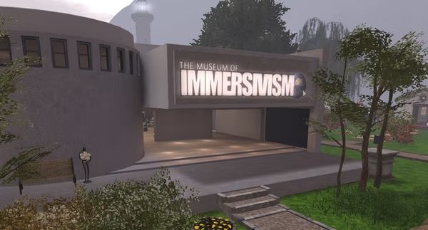 The Museum of Immersivism in Second Life (a virtual art gallery with trees outside)