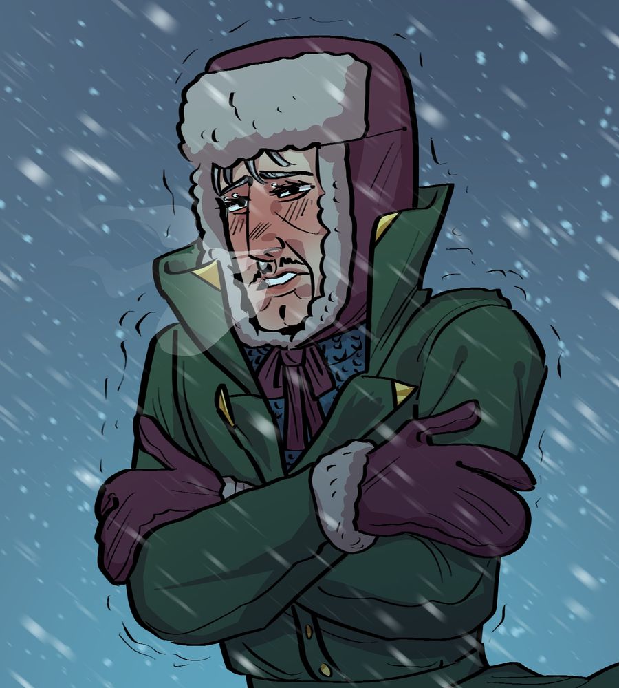 Emmrich from Lynxx’s fic “The Mountain’s Hearth” wearing a warm hat and coat but clearly suffering through a snowstorm