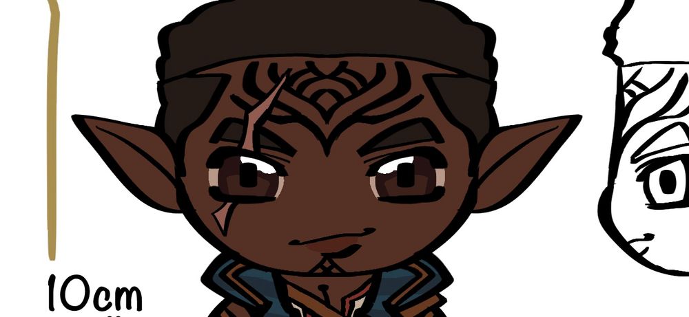 Closeup crop of a Davrin chibi from the front and a sliver of one from the side. There is text that says “10cm”