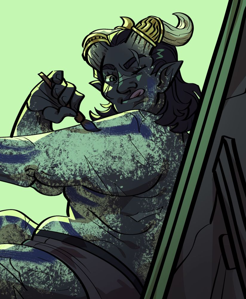 A Qunari warrior painting themself with skeletal markings in the mirror, tongue out in concentration