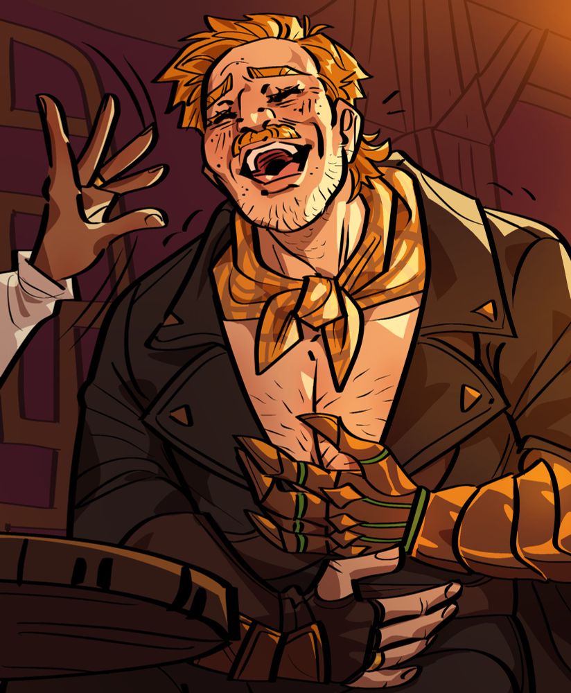 A beefy human with ginger hair and a mostly open shirt laughs wholeheartedly as someone’s hand swats at him offscreen