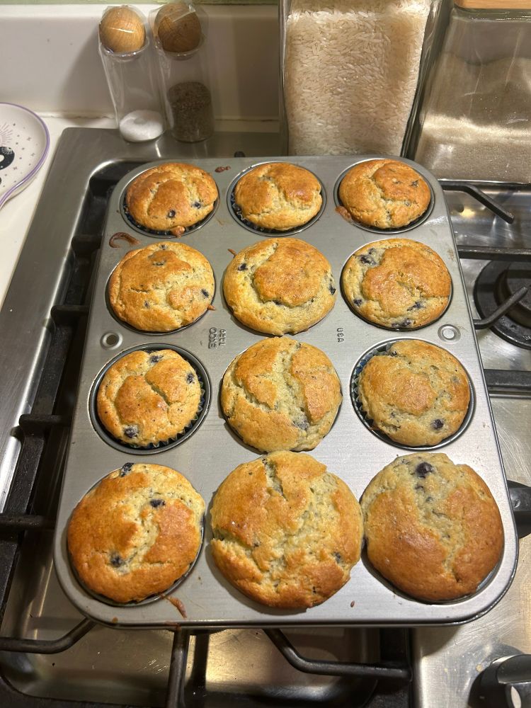 a pan of freshly baked blueberry muffins 
