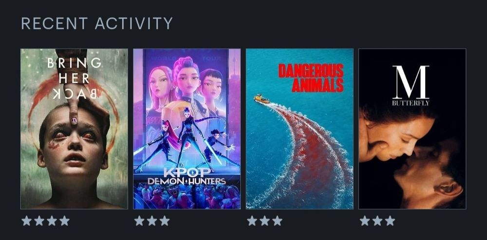 Les 4 derniers films que j'ai vus, notés sur Letterboxd : Bring her Back (4/5), Kpop Demon Hunters (3/5), Dangerous Animals (3/5) et M.Butterfly (3/5)