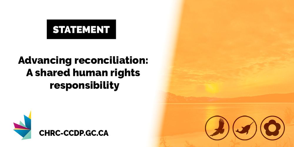 Graphic with a split design. On the left, a white background with bold black text that reads: “STATEMENT - Advancing reconciliation: A shared human rights responsibility". On the right, an orange-toned image of a sunset over water with three black circular icons at the bottom: a bird in flight, a narwhal, and a flower. 
