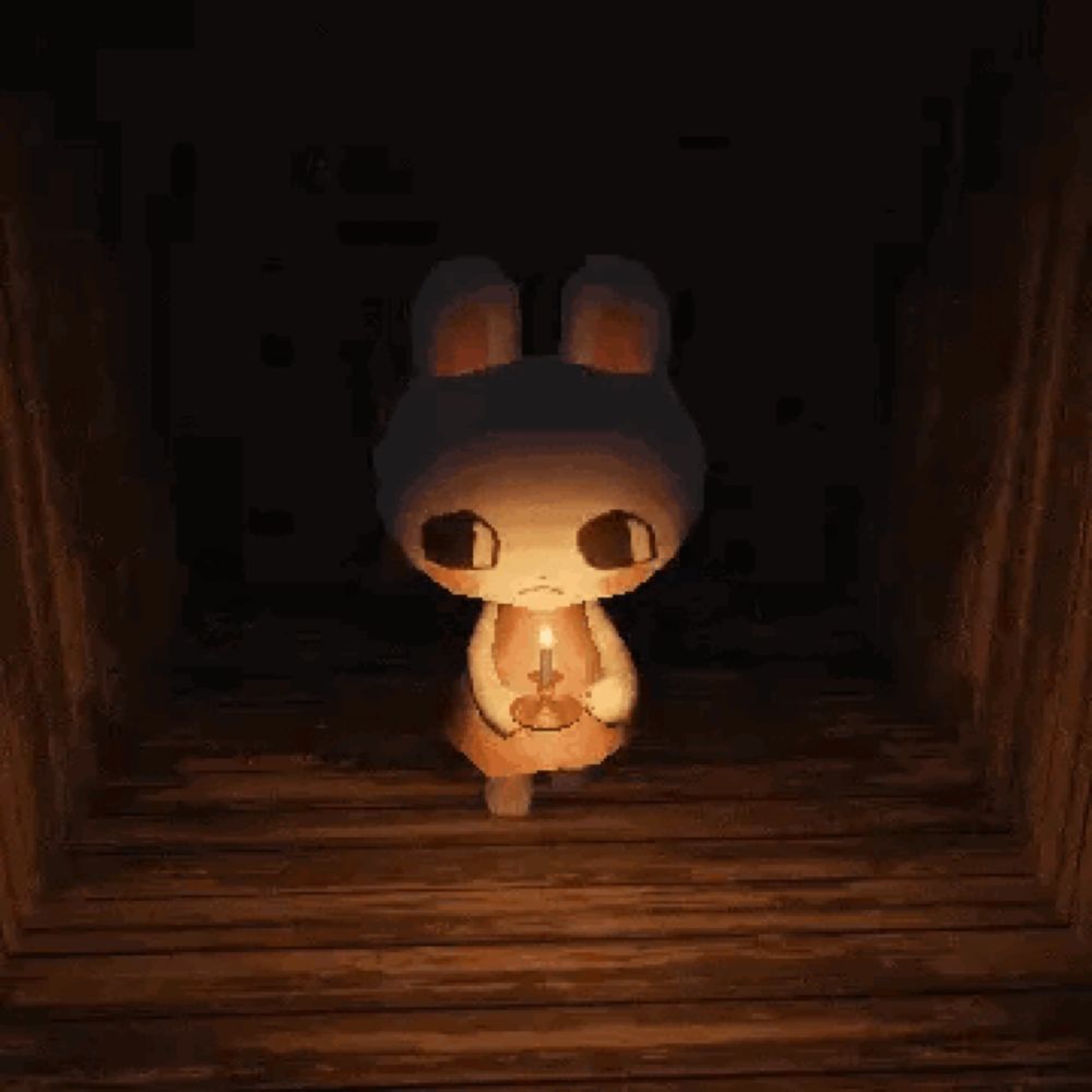 a cartoon rabbit is holding a candle in a dark room .