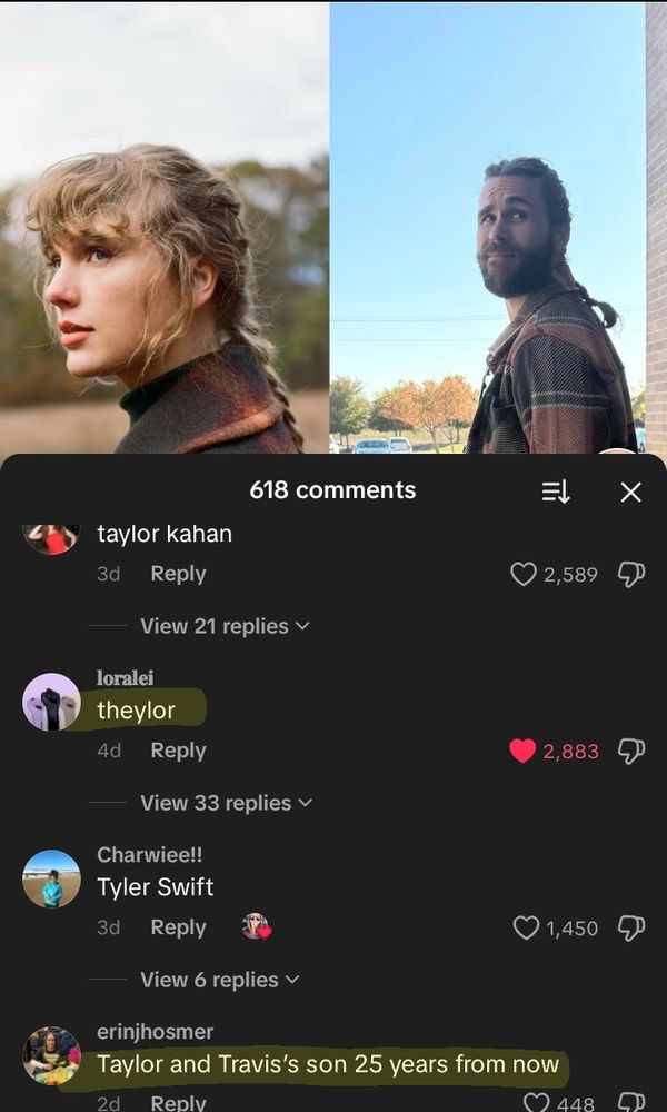 Taylor swift from evermore era and man dressed like her. Comments "Taylor Kahan" "theylor" "Tyler swift" "Taylor and Travis's son 25 years from now"