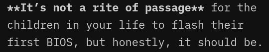 Text in Markdown: “**It’s not a rite of passage** for the children in your life to flash their first BIOS, but honestly, it should be.”