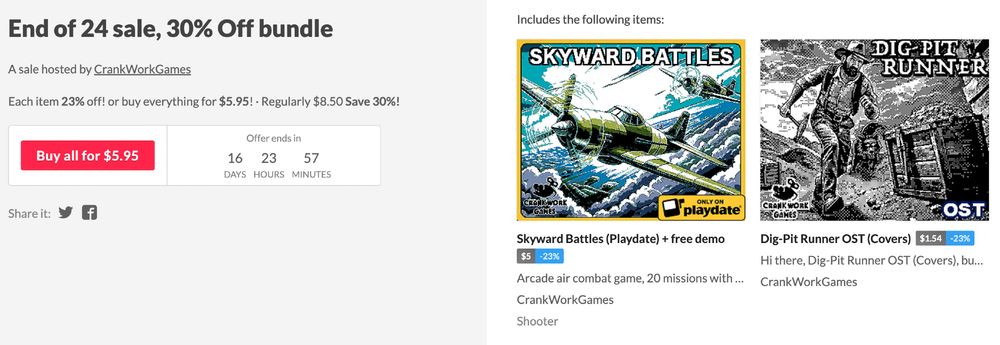 Skyward Battles + Dig-Pit Runner OST bundle 30% off, link to the bundle on itch.io
https://itch.io/s/141802/end-of-24-sale-30-off-bundle