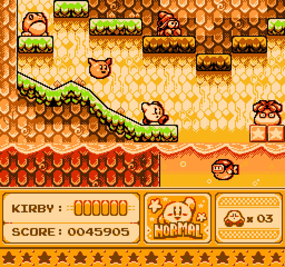 A second pixel art scene of Kirby. A redraw of the original game "Kirby's Adventure" for NES.