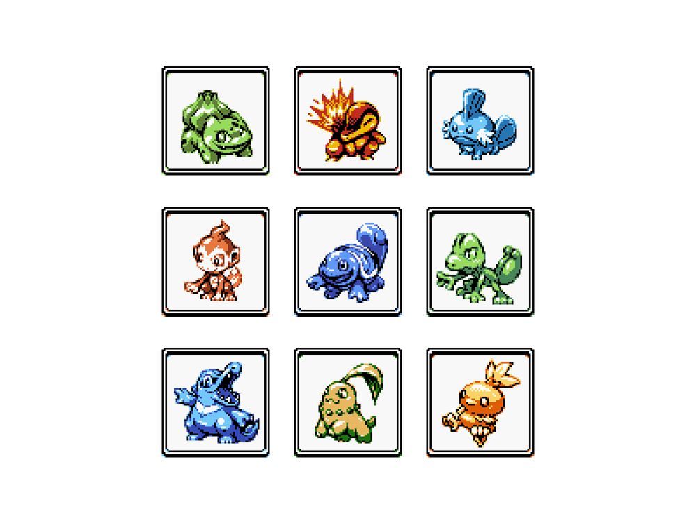 A 3x3 grid featuring my own take on various starter Pokémon.