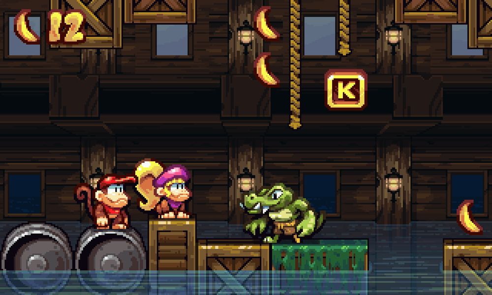 A pixel art mockup reimagining Donkey Kong Country 2: Diddy's Kong Quest. Work from 2022.