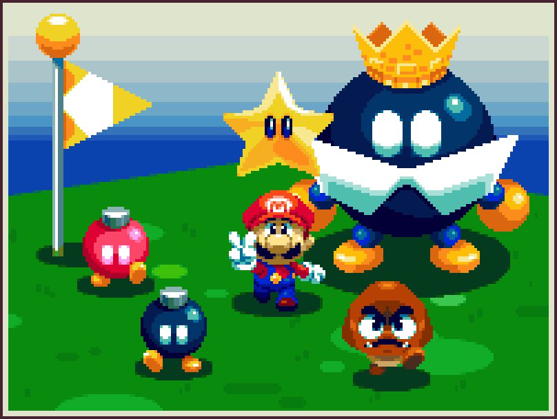 A scene of characters from Mario 64.
