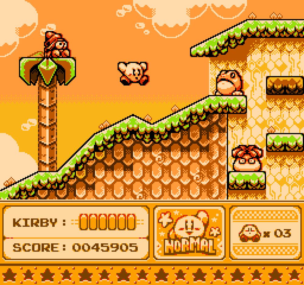 A pixel art scene of Kirby. A redraw of the original game "Kirby's Adventure" for NES.