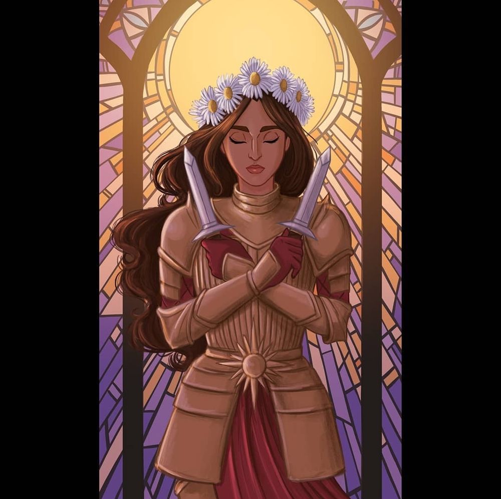 Jeune fille en armure dorée avec ces poignards devant des vitraux. Couleur chaude