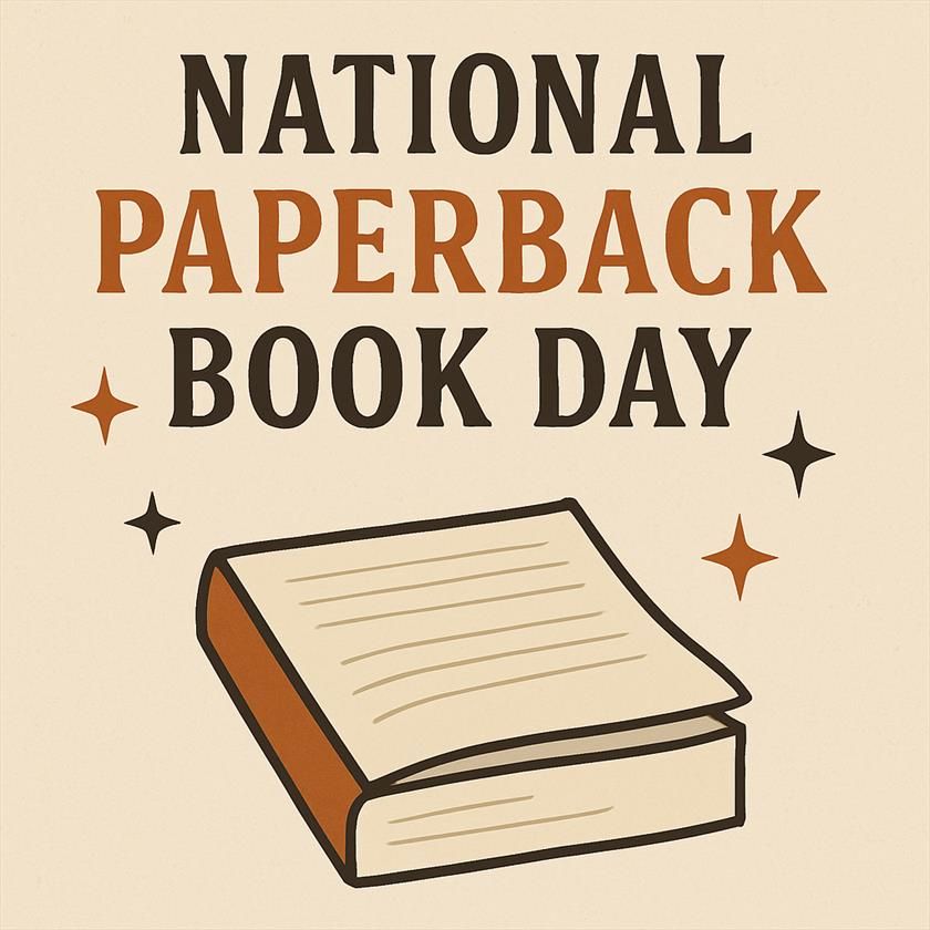 A vintage-style digital illustration with a beige background features bold text reading "National Paperback Book Day" in retro serif font, with "Paperback" highlighted in burnt orange. Below the text is a closed, slightly curved paperback book with a soft cover and visible pages. Four decorative stars in orange and dark brown surround the design, adding a celebratory feel.